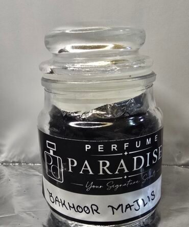 Bakhoor Majlis incense pieces in a labelled glass jar